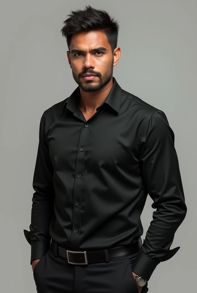 170cm , 70kg , malay man. Has a bit mustache and beard and short messy hair . Wear black formal shirt and pant