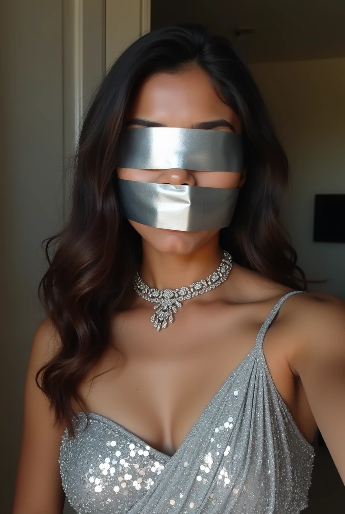 Aesthetic Indian Girl blindfolded Duct tape gagged in sexy silver shimmering prom saree Taking selfie duct tape gagged
