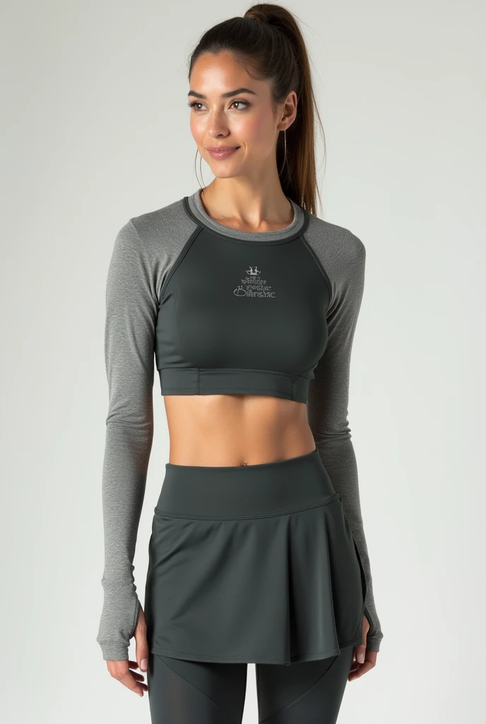 I need an outfit for my sportswear project of leggings with a skirt and a top with discreet adjustable sleeves that covers. It is for Christian people in three pieces. It must have a Christian message and I need it to have