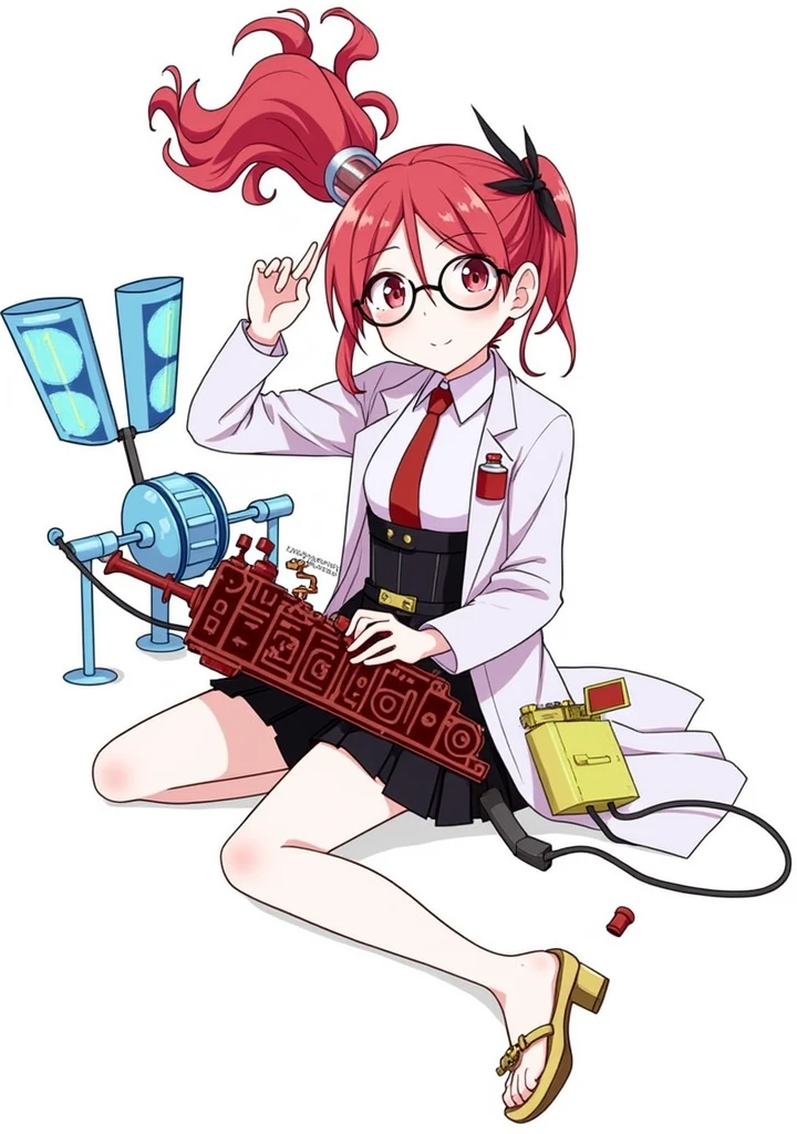 anime girl with red wavy hair and glasses, scientist girl, labcoat sitting on the ground fixing a machine toy, anime style, from girls frontline, fine details. girls frontline, girls frontline universe, girls frontline style, girls frontline, girls frontline cg, soft anime illustration, 2 0 2 2 anime style, 2022 anime style, pixiv contest winner, pretty anime character design, render of april