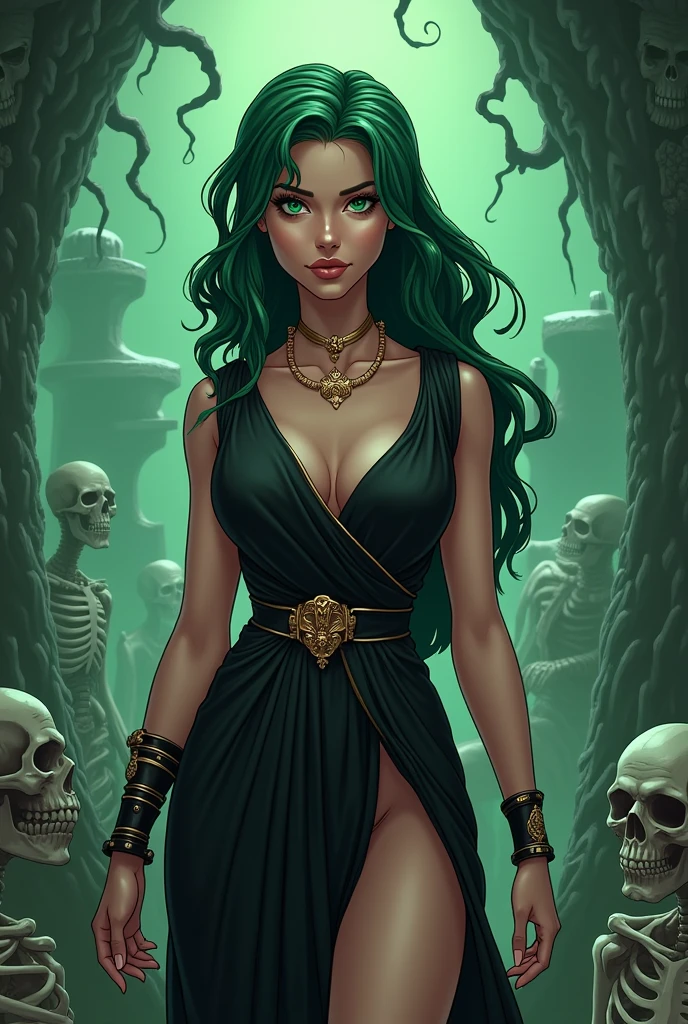 Beautiful adult woman with green hair and green eyes with perfect anatomy, Ancient Greek clothing in black color besieged in the Greek Underworld cartoon style 