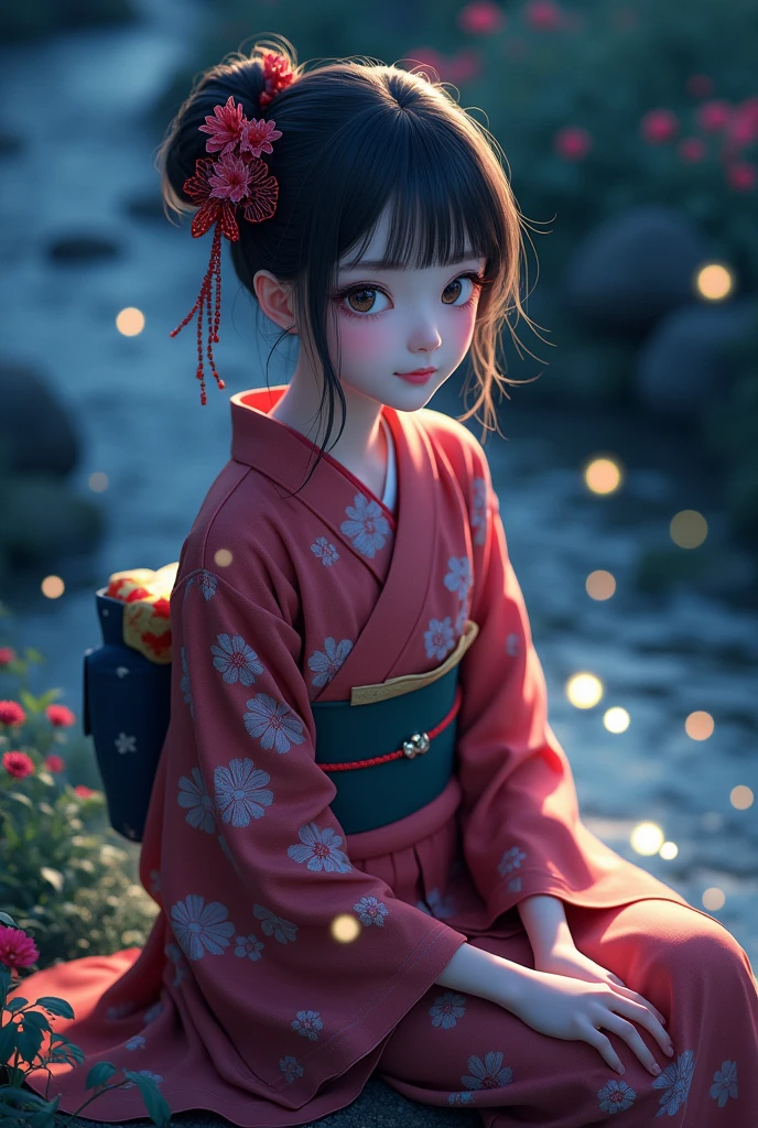 (masterpiece,best quality:1.4),(8k,raw photo,photo realistic:1.2),shiny skin,detailed skin,detailed face,detailed eyes,Detailed hands,Detailed Background、1girl,Japanese idol,(beautiful face),(Shining Eyes:1.1),、、Symmetrical eyes、、Great background、Great location、((Japanese Yukata))、(Detailed and very cute,,Junior idol,)、Mysterious夜,Fireflies flying around in the stream,The light emitted by fireflies,Full body portrait,,Mysterious,Charming girl sitting,nswf,sexy Instagram style