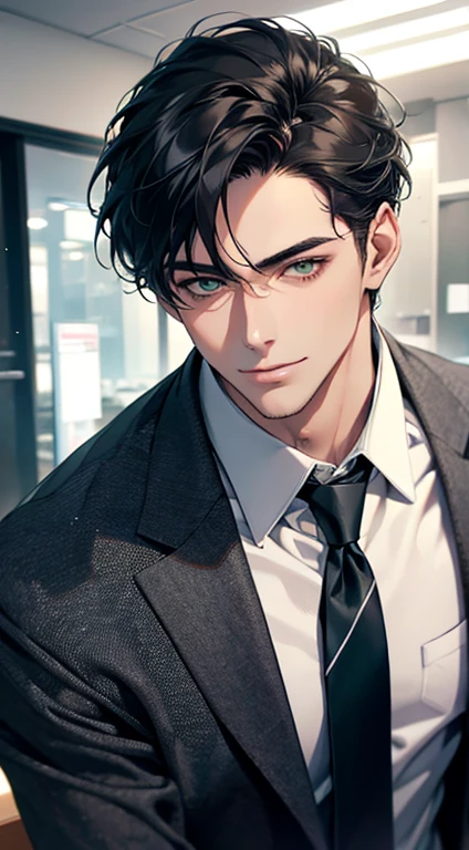 (Highest quality,4K,8K,High resolution,masterpiece:1.2),Super detailed,(Realistic,photoRealistic,photo-Realistic:1.37),1 personld,Mature Men,Beautiful skin、very handsome,Expressionless smile in love,Short gray Black hair,green eyes,Sharp Eyes,A perfect face without a doubt,Businessman, CEO, Office Background,Cinema Lighting,HDR image,tie、