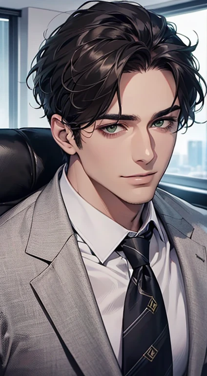 (Highest quality,4K,8K,High resolution,masterpiece:1.2),Super detailed,(Realistic,photoRealistic,photo-Realistic:1.37),1 personld,Mature Men,Beautiful skin、very handsome,Expressionless smile in love,Short gray Black hair,green eyes,Sharp Eyes,A perfect face without a doubt,Businessman, CEO, Office Background,Cinema Lighting,HDR image,tie、