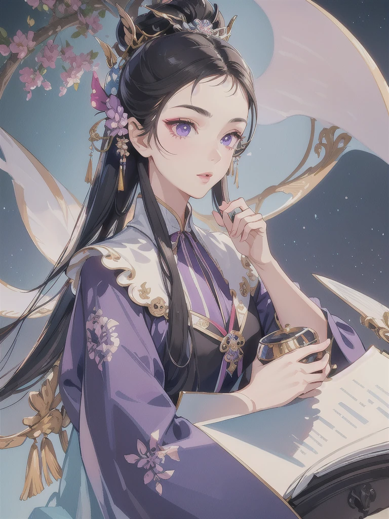 masterpiece, Highest quality, One girl, ultra detailed, Ultra-high resolution, Distinct facial features, Anatomically correct, pretty girl, detailed, Long pointy ears, Fairy, Nice face,Black Hair, Purple eyes, Polish national costume, Large bouquet,Art Deco,