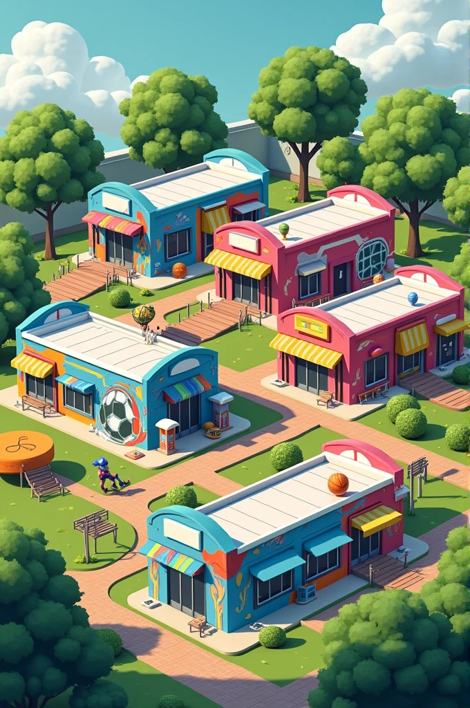 Create a sports unit where you have small two-story buildings with a sports theme around it. 