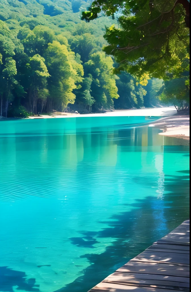 trees are growing near the water and a bench is near the water, turquoise water, blue and green water, blue waters, puddles of turquoise water, azure water, green waters, river with stunning water, clear blue water, beautiful lake, lake blue, very very beautiful scenery, crystal clear blue water, azure blue water, sapphire waters below