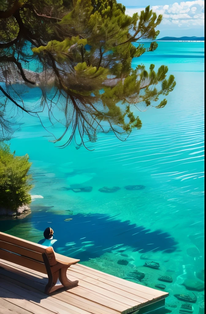 trees are growing near the water and a bench is near the water, turquoise water, blue and green water, blue waters, puddles of turquoise water, azure water, green waters, river with stunning water, clear blue water, beautiful lake, lake blue, very very beautiful scenery, crystal clear blue water, azure blue water, sapphire waters below