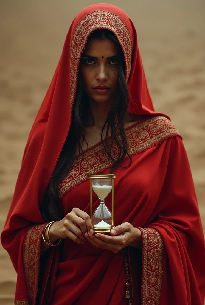 Make a portrait of mysterious Indian queen who hide her face with long ghunghat hide her face in red saree with sand clock