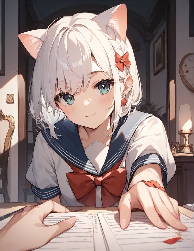 score_9, score_8_up, score_7_up, score_6_up, source_anime, rating_safe, masterpiece, best qualityer, Cat-eared girl with white hair, Straight ahead, Viewer's POV, hands out, adolable, sailor outfit