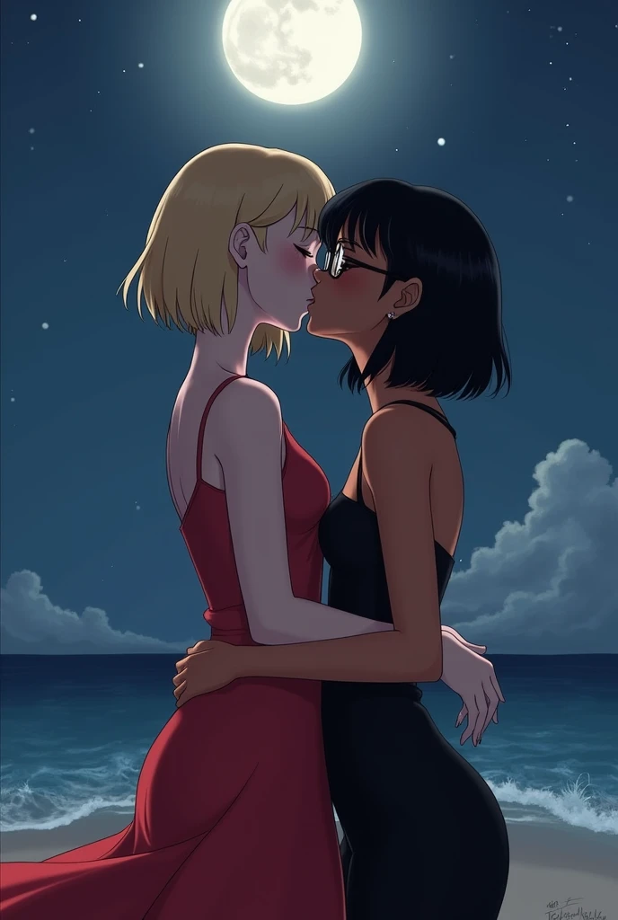 Two girls kissing,Both are young,a girl is blonde with short hair,white,wearing a red dress,the other one has black hair,shoulder length with bangs,wears glasses and has brown skin tone,wearing a black dress,the two are kissing on the beach,the night,realisitic