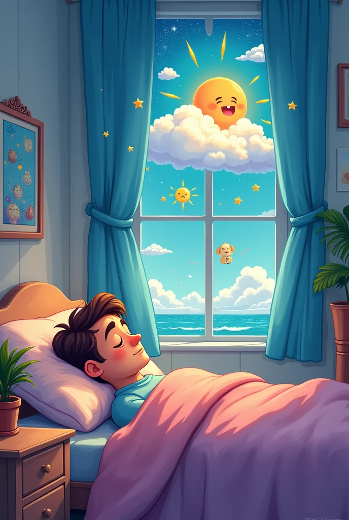 A cartoon men sleeping in bed room and he dreaming her had up dreaming scene in dream shape 1080x1080 image
