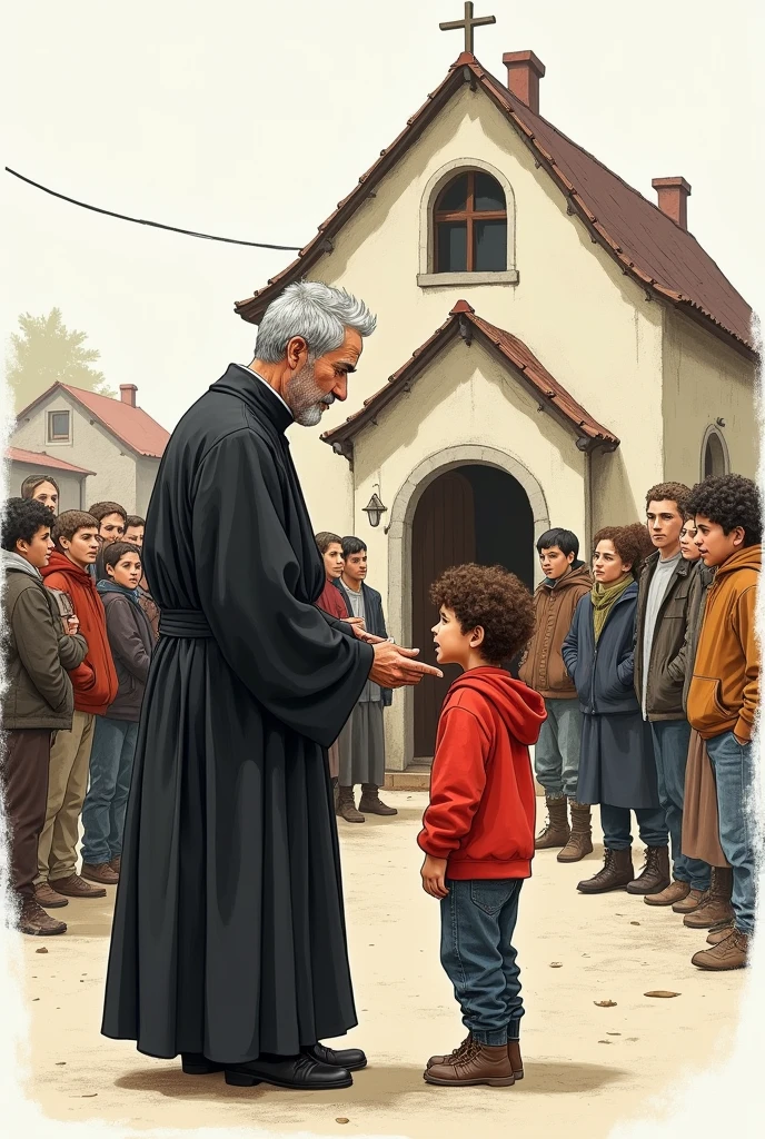 Super simple drawing of a single priest dressed in black and with black hair without gray hair next to a orphan boy, curly brown hair and a red sweatshirt outside a small church in a town and with a crowd watching them
