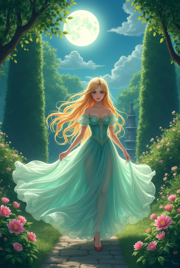 In anime style "A beautiful princess, Elara, with golden hair and emerald eyes, walks alone in a lush, moonlit garden. She wears a flowing, elegant gown with intricate details, and the soft light of the moon casts a gentle glow around her. The garden is filled with blooming flowers, tall hedges, and a stone fountain in the background."