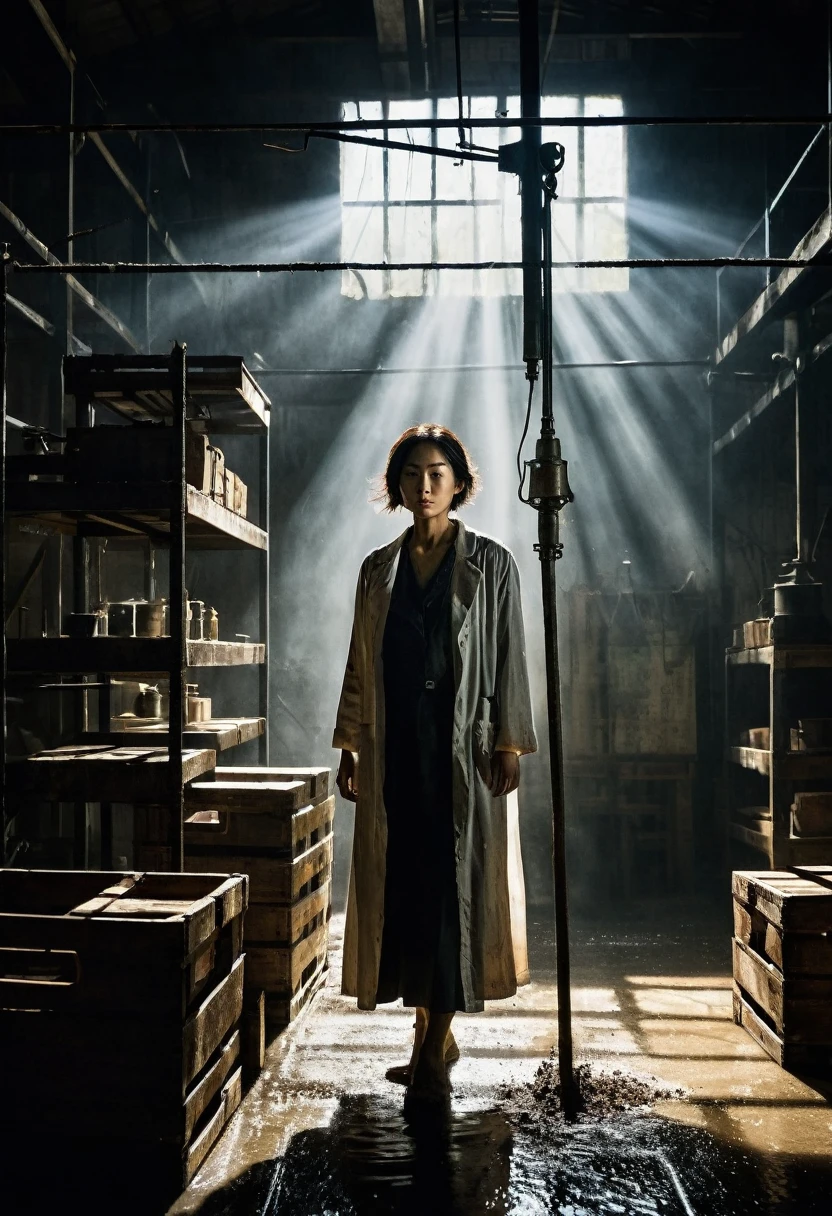 Inside a warehouse, high ceiling with exposed beams, dusty light streaming in through the windows, Misaki Sato, a beautiful woman, a botanical genius, strapped to a steel pole in the center, spotlight from a suspended bulb, determination on her bruised face, dirty lab coat, sweat beading on her forehead, dark silhouette of a man with a gun, old machines and wooden boxes casting ominous shadows The sound of water dripping from far away, rats running around the corner, tense atmosphere, noirish lighting with strong contrasts. Old machines and crates casting ominous shadows, sound of water droplets in the distance, rats running around the corner, tense atmosphere, noirish lighting with strong contrast, hard textures, thriller film stills, ultra detailed, 8K --AR 16:9--stylized 1000
