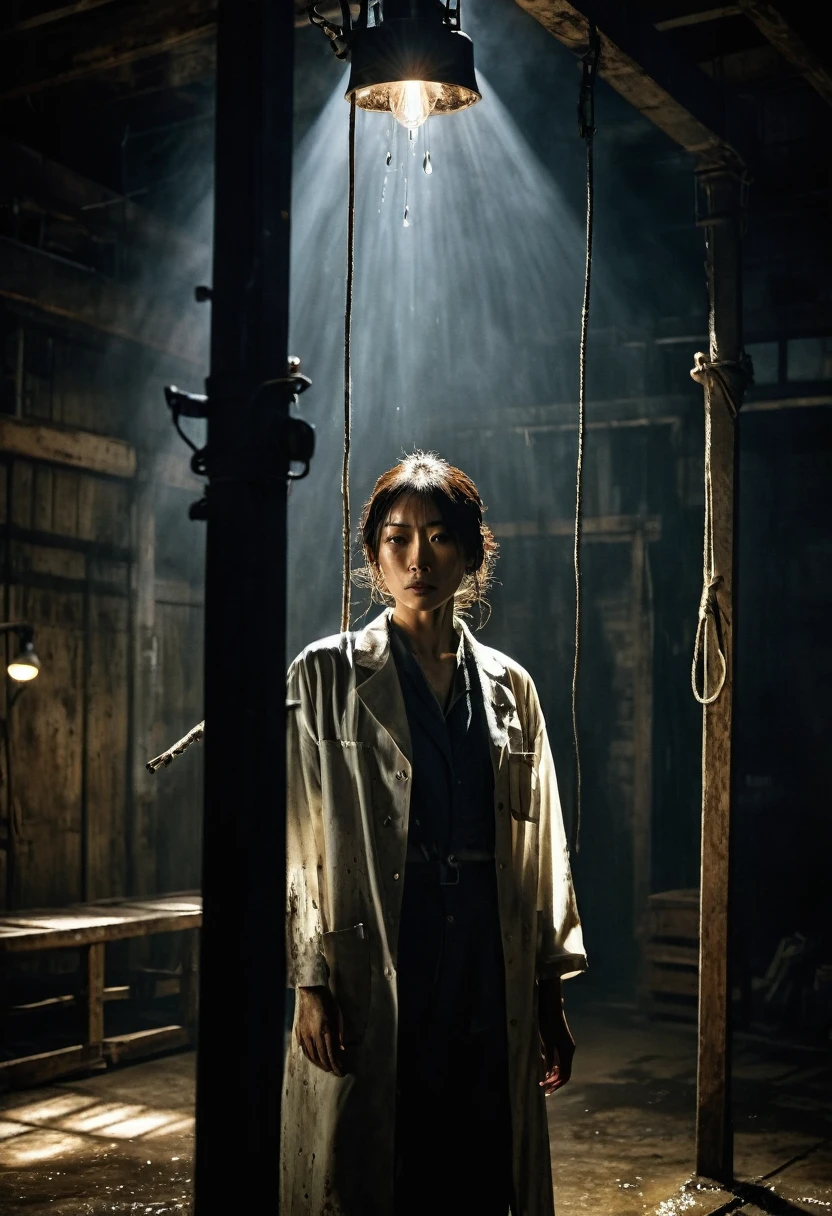 Inside a warehouse, high ceiling with exposed beams, dusty light streaming in through the windows, Misaki Sato, a beautiful woman, a botanical genius, strapped to a steel pole in the center, spotlight from a suspended bulb, determination on her bruised face,  lab coat, sweat beading on her forehead, dark silhouette of a man with a gun, old machines and wooden boxes casting ominous shadows The sound of water dripping from far away, rats running around the corner, tense atmosphere, noirish lighting with strong contrasts. Old machines and crates casting ominous shadows, sound of water droplets in the distance, rats running around the corner, tense atmosphere, noirish lighting with strong contrast, hard textures, thriller film stills, ultra detailed, 8K --AR 16:9--stylized 1000