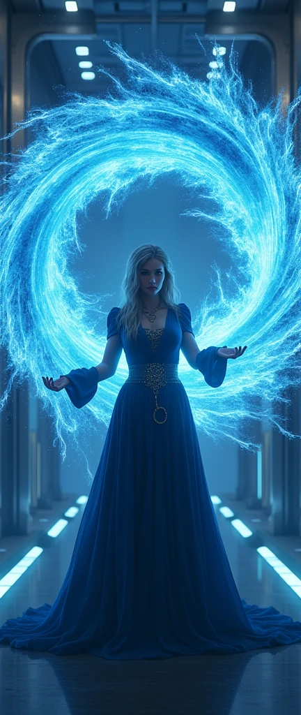 DonMT3chC057ruc7sXL female arcanist, gravitational manipulation (controlling gravitational fields) Evoking abracadabra in the form of a phthalocyanine blue abyssal crystal vortex and unpredictable magic, Science fiction, technology, metallic