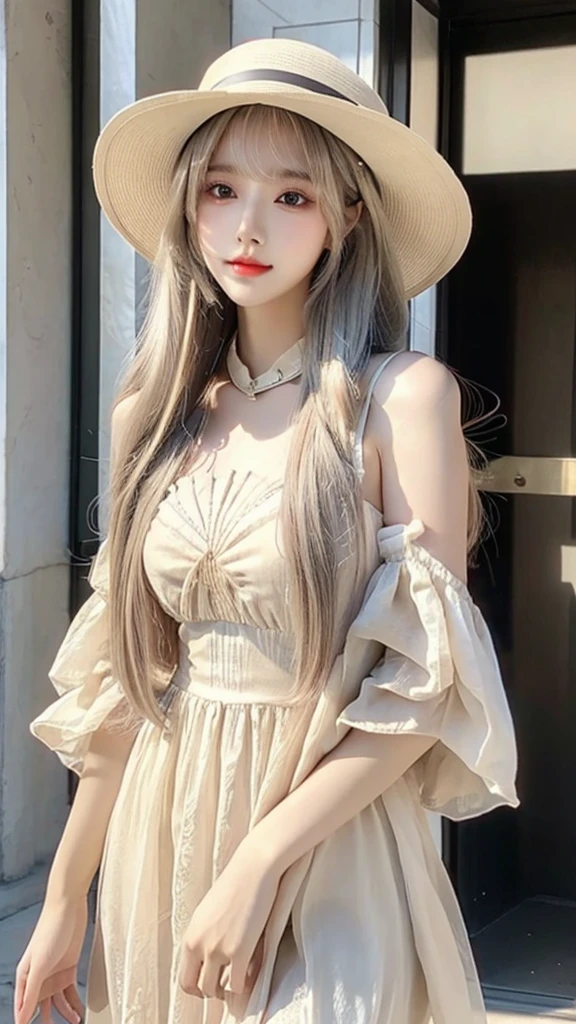 a woman with long hair wearing a beige dress and a hat, a stock photo by Lü Ji, trending on cg society, aestheticism, ulzzang, popular korean makeup, ”beautiful anime woman