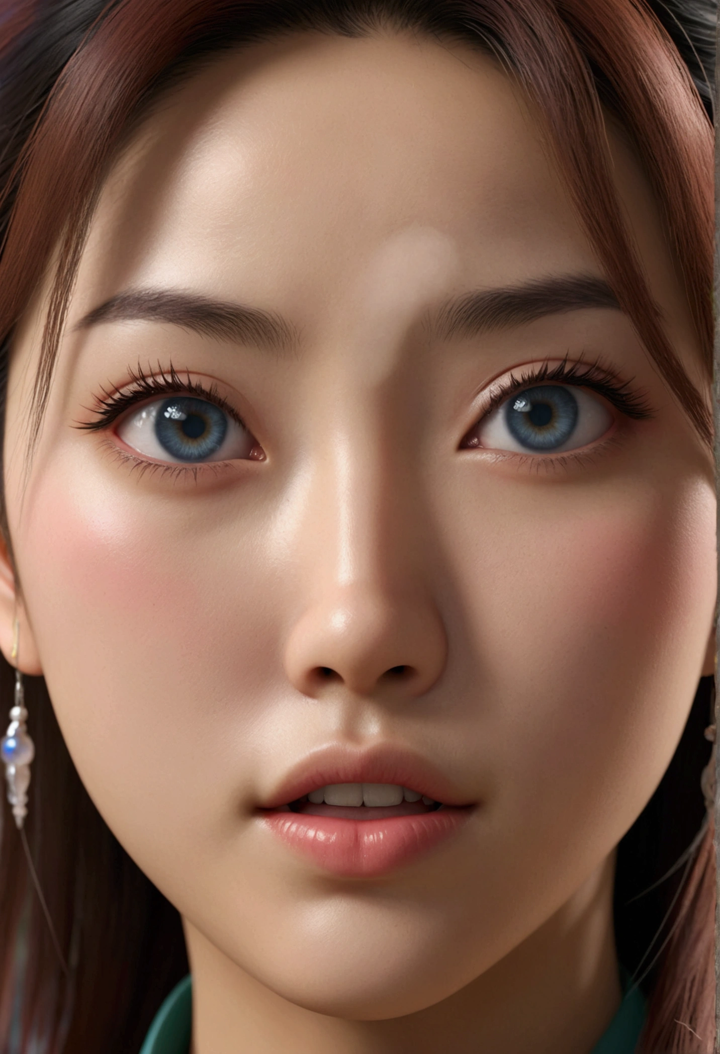 Photo Realistic a happy korean girl 1, surprised expression, beautiful detailed eyes, beautiful detailed lips, extremely detailed face, large expressive eyes, long eyelashes, imagining entering a new world similar to the city in Final Fantasy VII Rebirth, vibrant colors, intricate details, kawaii style, octane render, 8k, highly detailed, photorealistic, dramatic lighting, volumetric fog (1:1)