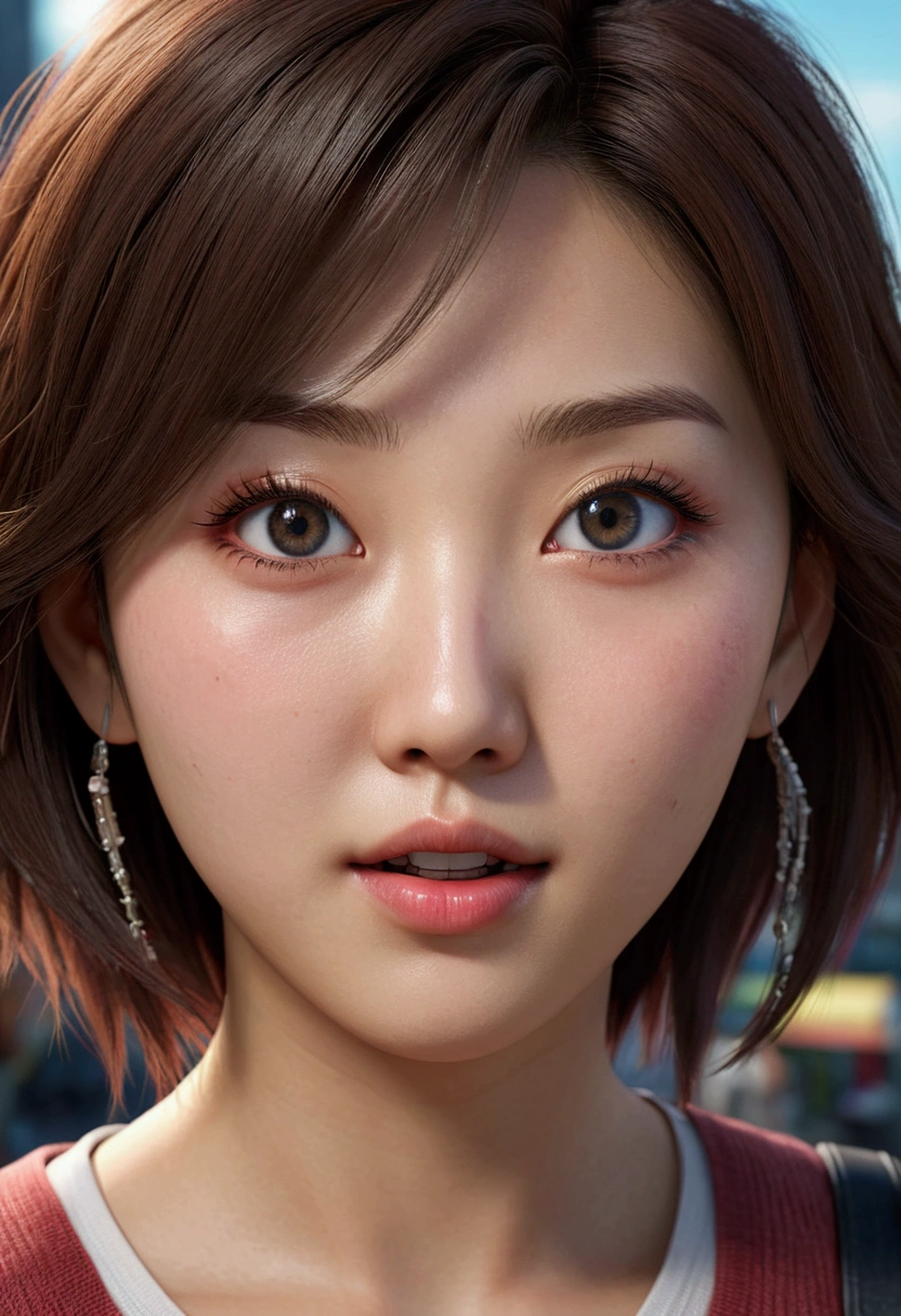 Photo Realistic a happy korean girl age 21, surprised expression, beautiful detailed eyes, beautiful detailed lips, extremely detailed face, large expressive eyes, long eyelashes, imagining entering a new world similar to the city in Final Fantasy VII Rebirth, vibrant colors, intricate details, kawaii style, octane render, 8k, highly detailed, photorealistic, dramatic lighting, volumetric fog (1:1)