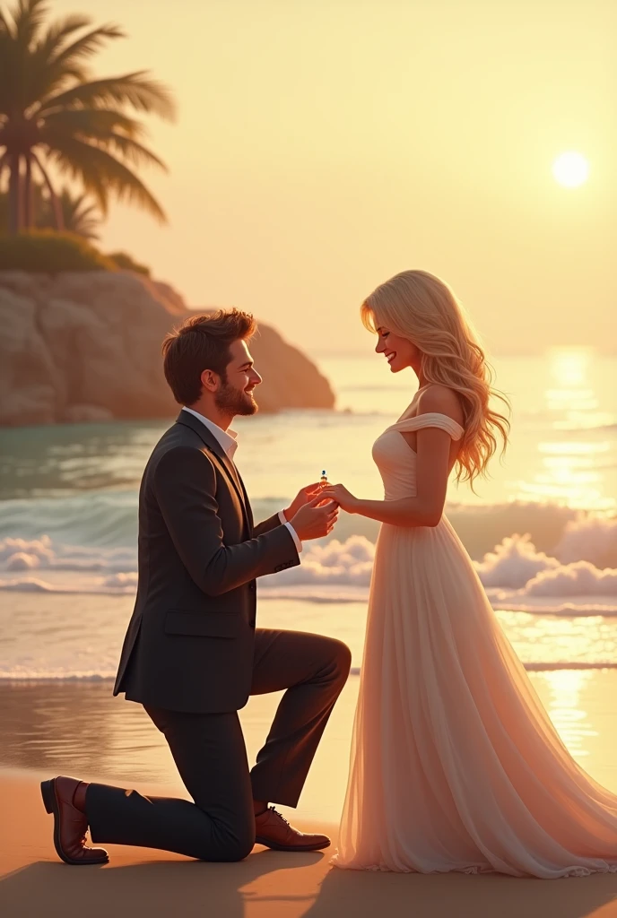 I need a brown-haired man proposing to a blonde woman on the shore of a beach