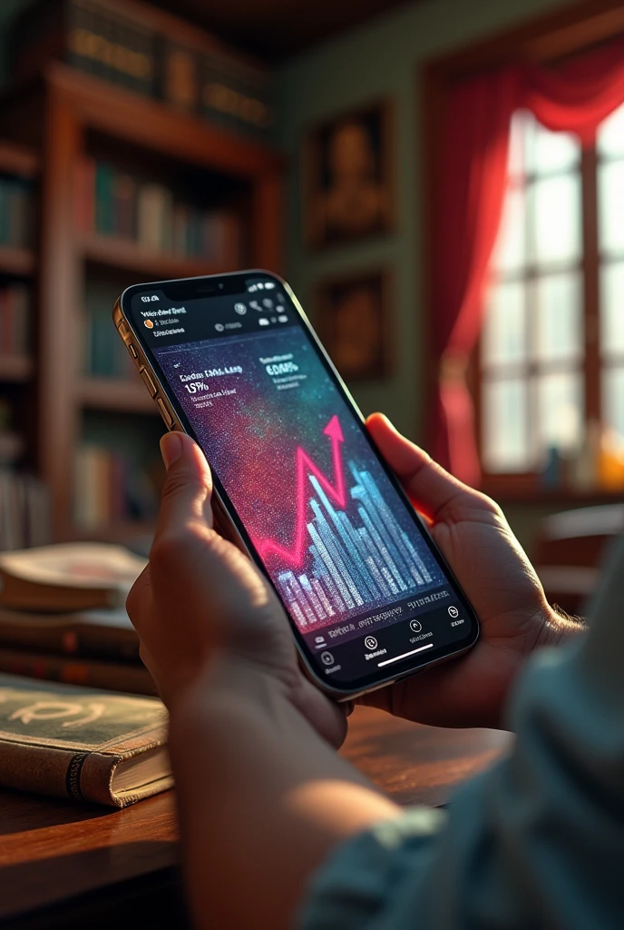 The background shows a mobile phone screen displaying the live video of San Martin. On the screen, haand un gráfico animado que destaca el aumento exponencial de "I like" and "hearts". The numbers are rising rapidly, con notificaciones emergentes and efectos visuales que reflejan la San Martín está en un entorno que combina su estilo histórico con elementos modernos: perhaps a study that mixes antique furniture with contemporary technological equipment. Su expresión es de sorpresa and satisfacción al ver el éxito