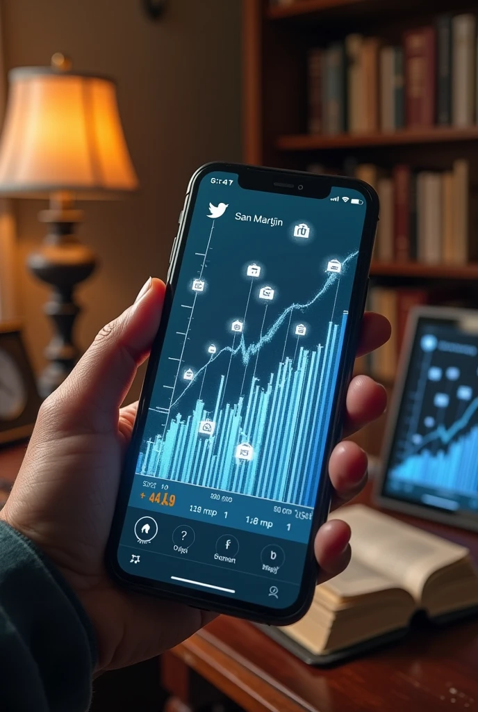 The background shows a mobile phone screen displaying the live video of San Martin. On the screen, haand un gráfico animado que destaca el aumento exponencial de "I like" and "hearts". The numbers are rising rapidly, con notificaciones emergentes and efectos visuales que reflejan la San Martín está en un entorno que combina su estilo histórico con elementos modernos: perhaps a study that mixes antique furniture with contemporary technological equipment. Su expresión es de sorpresa and satisfacción al ver el éxito