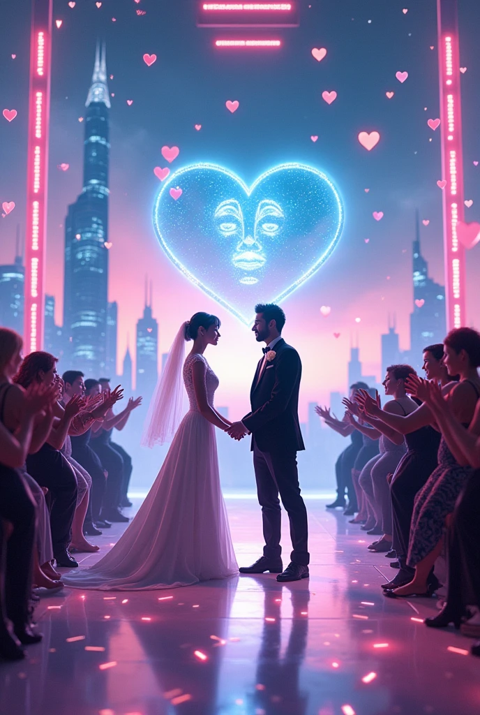 In a dazzling, neon-lit virtual gaming space, a man stands at the altar, not with a human bride, but with a sleek, futuristic computer. The computer, adorned with digital flowers and glowing with soft, pastel lights, represents the bride in this unique union. Surrounding them are countless avatars of people from all over the world, each one cheering and celebrating the unusual wedding. The man, dressed in a sharp, digital tuxedo, gazes affectionately at the screen, where a holographic face appears, representing the computer’s AI.
The virtual environment is filled with floating hearts, confetti, and congratulatory messages in various languages, showcasing the global audience's support. The background features towering digital skyscrapers, futuristic landscapes, and an endless sky of shimmering pixels, emphasizing the surreal nature of the event. The ceremony is officiated by an AI minister, who appears as a floating hologram, while the crowd, composed of both human and digital beings, watches in awe. The scene captures the intersection of love, technology, and the evolving definition of relationships in a digital age, making it both intriguing and visually captivating.*