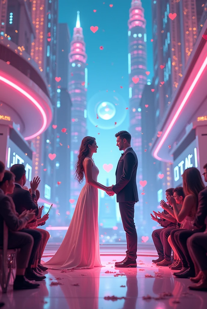 In a dazzling, neon-lit virtual gaming space, a man stands at the altar, not with a human bride, but with a sleek, futuristic computer. The computer, adorned with digital flowers and glowing with soft, pastel lights, represents the bride in this unique union. Surrounding them are countless avatars of people from all over the world, each one cheering and celebrating the unusual wedding. The man, dressed in a sharp, digital tuxedo, gazes affectionately at the screen, where a holographic face appears, representing the computer’s AI.
The virtual environment is filled with floating hearts, confetti, and congratulatory messages in various languages, showcasing the global audience's support. The background features towering digital skyscrapers, futuristic landscapes, and an endless sky of shimmering pixels, emphasizing the surreal nature of the event. The ceremony is officiated by an AI minister, who appears as a floating hologram, while the crowd, composed of both human and digital beings, watches in awe. The scene captures the intersection of love, technology, and the evolving definition of relationships in a digital age, making it both intriguing and visually captivating.*