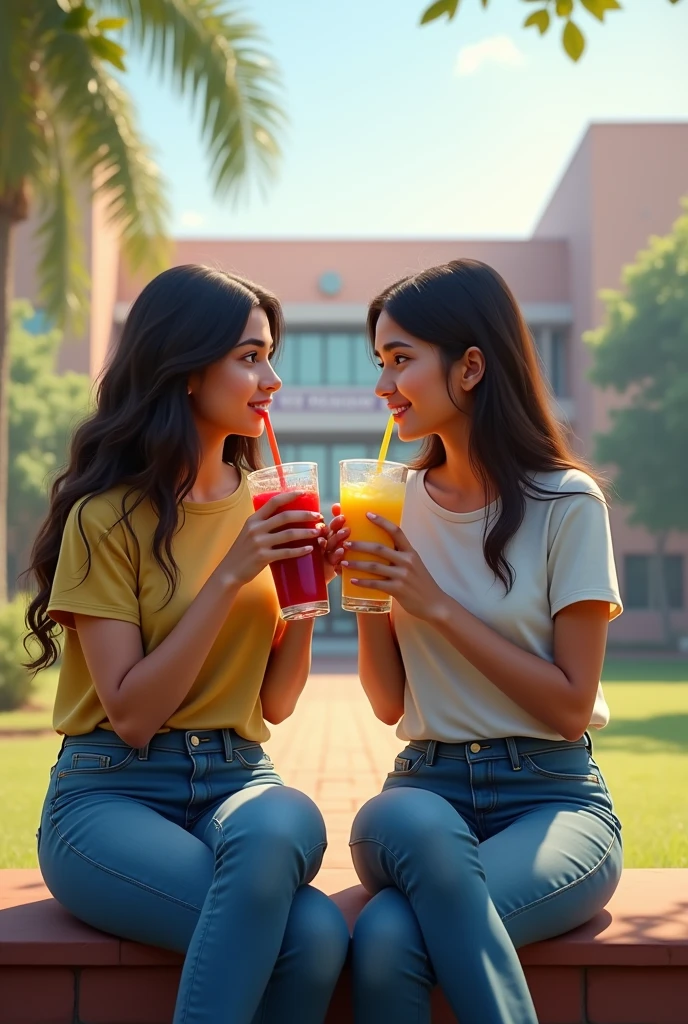 Create a india engineering student stand girl friend infront of College at they sit in the catein drink a juice with two stra