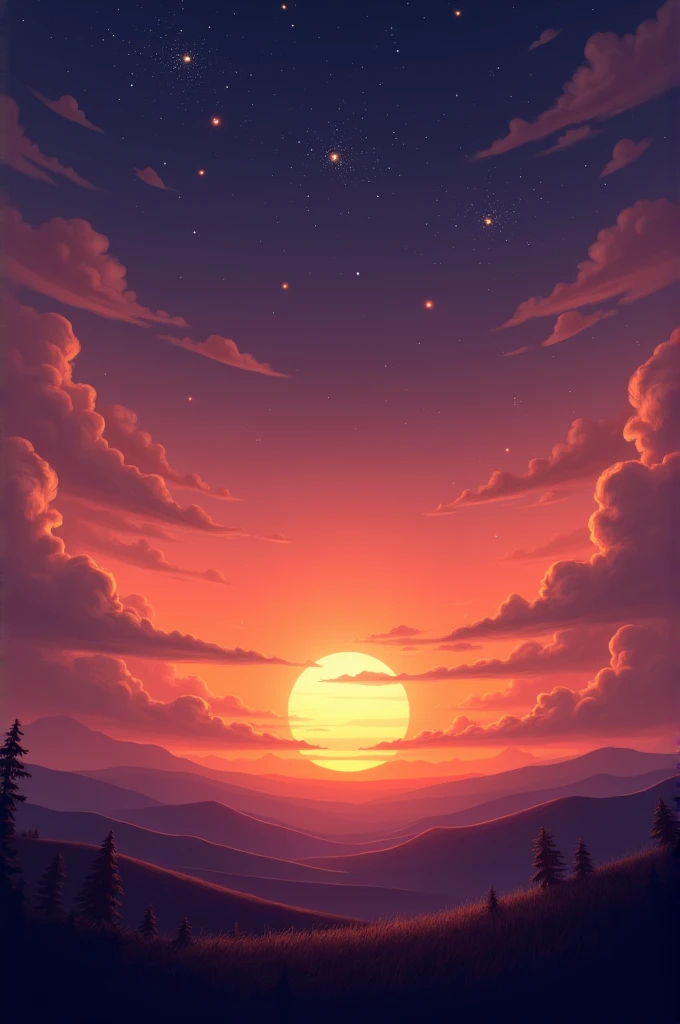 A sunset with stars and planets