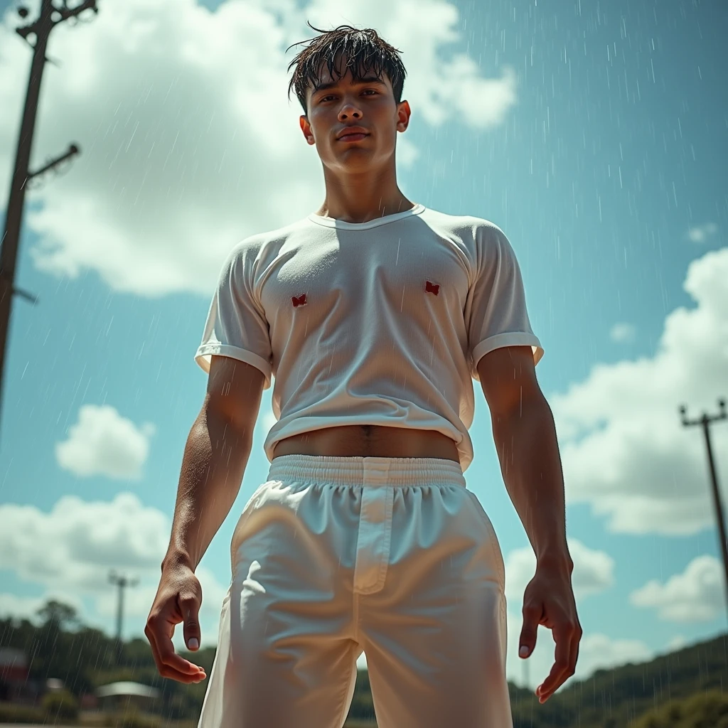 Behold a fashion editorial photo shoot featuring a photogenic and charming 18 year yod male supermodel, natural pale skin tone with a fit and slander body stands confidently under a rain, The camera angle is a dramatic low-angle shot, looking up at the model from below, creating a sense of power and dominance in the composition. The model wears white sheer pants with thick bulge, white wet t shirt, which emphasizes his athletic physique, particularly his toned legs and strong posture. His stance is wide and firm, with one arm slightly extended forward, creating a dynamic perspective that draws the viewer's eye upward along his body to his face.
The environment is an raining and scattered clouds, contributing to the image's vibrant and energetic atmosphere. The sunlight is intense, casting strong, natural light on the model's body, which accentuates his muscular definition and adds depth to the image. adds a sense of realism and enhances the rainy feel of the scene.
The photograph is taken with a Canon EOS R5 camera paired with a Canon RF 16mm F2.8 STM lens. The wide-angle lens is perfect for capturing the model's full body while emphasizing the expansive sky above. The inspiration for this shot draws from the work of Bruce Weber, known for his bold, dynamic compositions and ability to capture the strength and beauty of the human form, soak clothes, wet hair and body:1.37,