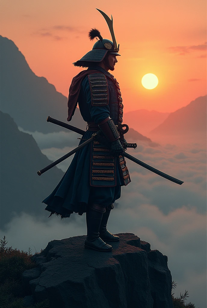 Samurai Man in Armor: "A noble samurai man in traditional armor, standing proudly on a misty mountain ridge, holding a katana with a fierce yet composed expression, the rising sun illuminating his silhouette."