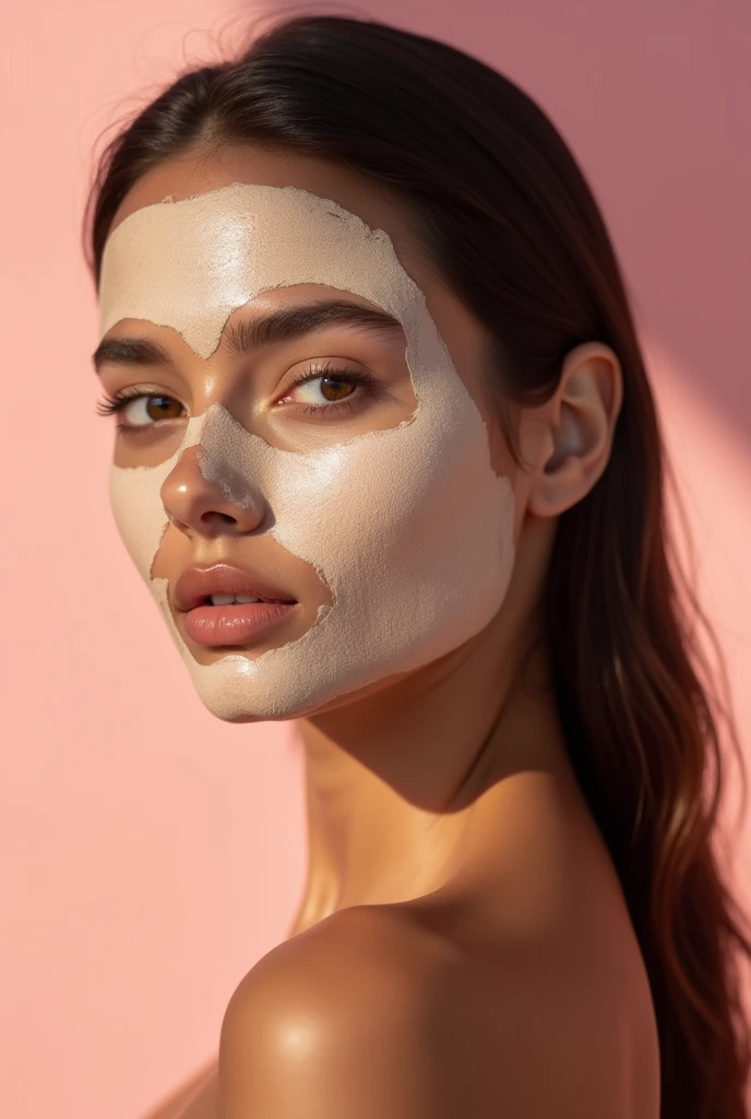 Creative and aesthetic Shoot with pink or white background of female brown model with applied rice mud face mask
