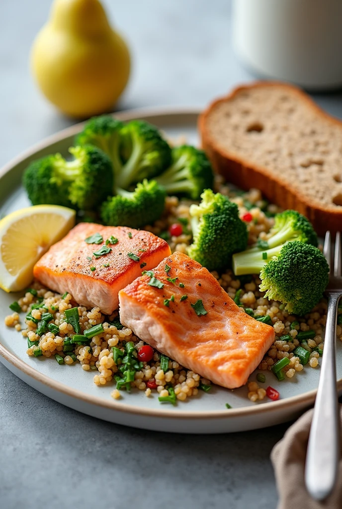 200 g of baked salmon: 450 kcal • Quinoa salad with vegetables: 250 kcal • 1 cup steamed broccoli: 50 kcal • 1 slice of whole wheat bread: 100 kcal
• 1 pera: 103 kcal (increase of 23 kcal)