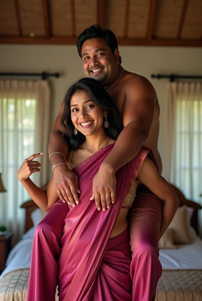 Beautiful and Slim Indian woman in a dark pink silk saree lifting piggyback a large chubby man above her shoulders, man is sitting on woman's shoulders, in a bedroom with high ceiling, natural smile, woman is looking into the camera , she is holding his hands, full body image