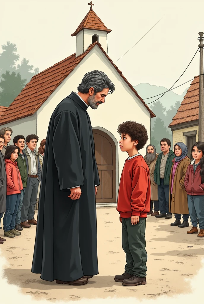 Super simple drawing of a single priest dressed in black and with black hair without gray hair next to a orphan boy, curly brown hair and a red sweatshirt outside a small church in a town and with a crowd watching them
