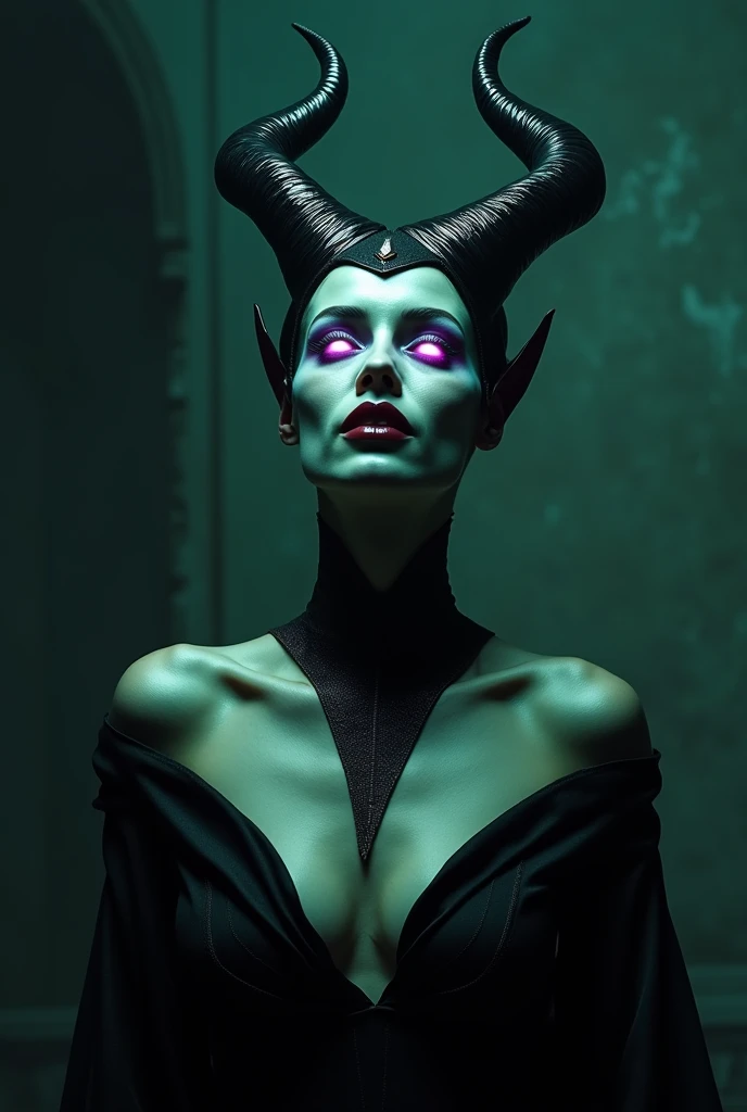 A stunning nude 3/4 shot of Maleficent looking almost non human, exotic, dangerous beauty, pale glowing eyes, emphasis on her horns, extra long horns, purple highlights, purple reflected light, in the nude, hyper realistic, real portrait, backlit, exquisite features, cleavage, sexy, seductive, unnatural light, soft light, location is the interior of a dungeon, green light, eerie, purple highlights:1.4, she is smirking, she is busty, her chin is raised, looking down at viewer, low angle shot, exquisite features, exotic, very pronounced cheekbones, high cheekbones, show her full horns, her head is tilted back
