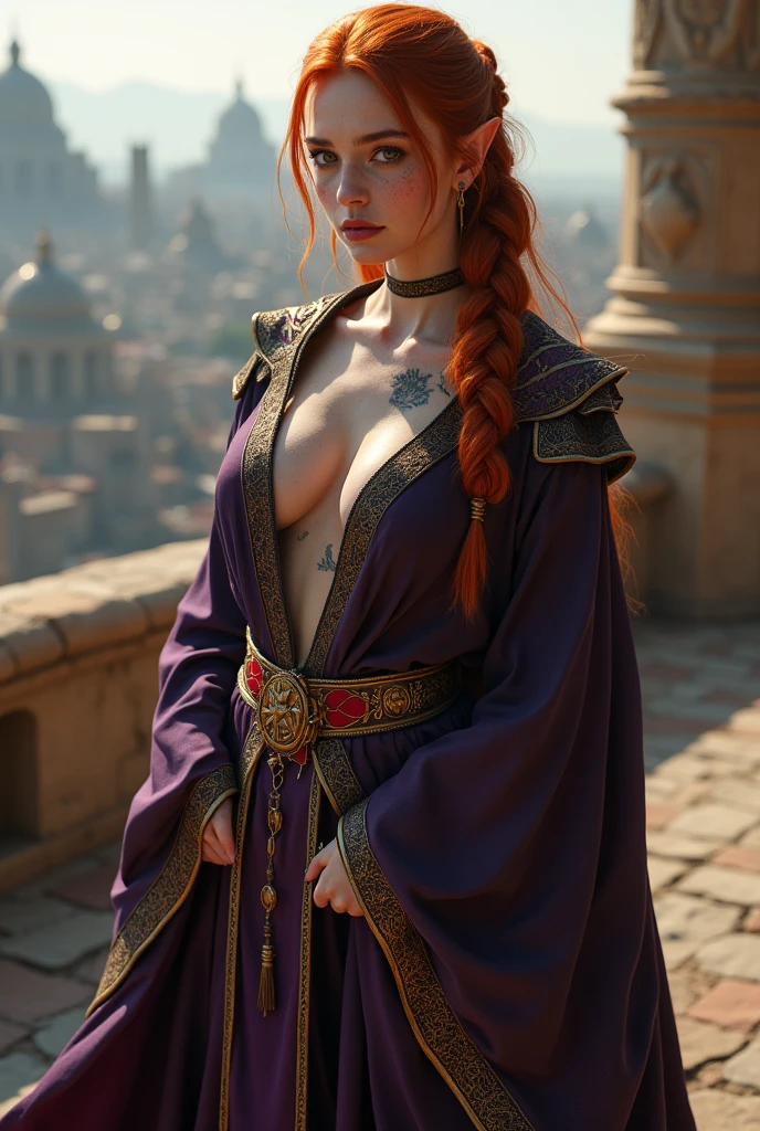Beautiful 1 ginger slim thin elf sorceress, young girl with slim body, gorgeous model, athletic thin body, ancient city in background, ultra realistic, Dark Elf, Perfect face, slim lips, slim nose, athletic model, golden trim on clothes, wearing dark purple and golden sorceress robe that is open and showing her full body beneath, pussy, titts, nsfw: 1.8, small elf ears, beautiful model, gorgeous model, unique face, small pointy straight ears, medium breasts, breasts 30c size, small waist, slim athletic legs, long red hair in long ceremonial warriors braid, freckles on face, freckles on shouldes, freckles on chest, ultra realistic, wearing a gold red and purple belt and nothing else under the robe: 1.6, model is nude except for the belt: 1.8, white and pale skin, scary Dark Elf tattoo's cover most of her body: 1.5, blood and scares on body, scars and blood on body, body covered in blood from battle and scars, large brightly colored master's tattoos cover face and body: 1.8, elven tattoos on body, blood red lips, dark purple eye makeup, arri alexa 65, film look, cinematic, natural dynamic pose, very exposed and nsfw:1.8, radiates confidence and power