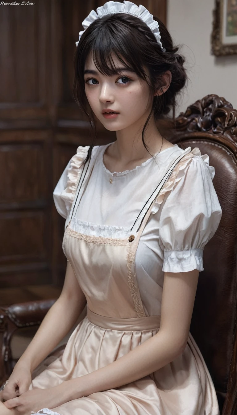 (masterpiece),((ultra-detailed)), (highly detailed CG illustration),(expressionless), (best quality:1.2),realistic8K UHD, High definition,(1girl:1.2),High quality texture, intricate details, detailed texture, finely detailed, high detail, High quality shadow, a realistic representation of the face, Detailed beautiful delicate face, Detailed beautiful delicate eyes, brown eye pupil, a face of perfect proportion, Depth of field, Cinematic Light, Ray tracing,perspective,20s, tall girl,blush,glossy lips, perfect body, lean body, Particles of Light, medium breast, distinct_image, high_resolution, (lustrous skin), solo focus, (brown hair), (finely detailed beautiful eyes and detailed face),(detailed face), (streaked hair), light source contrast, (black hair:1.5), ((black thighhighs)), high heel shoes, ((maid:1.5)), living room