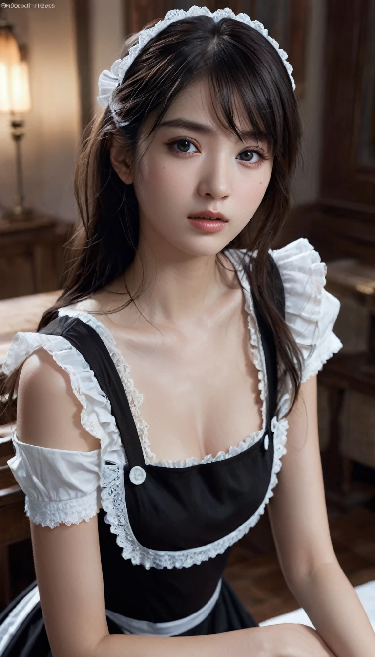 (masterpiece),((ultra-detailed)), (highly detailed CG illustration),(expressionless), (best quality:1.2),realistic8K UHD, High definition,(1girl:1.2),High quality texture, intricate details, detailed texture, finely detailed, high detail, High quality shadow, a realistic representation of the face, Detailed beautiful delicate face, Detailed beautiful delicate eyes, brown eye pupil, a face of perfect proportion, Depth of field, Cinematic Light, Ray tracing,perspective,20s, tall girl,blush,glossy lips, perfect body, lean body, Particles of Light, medium breast, distinct_image, high_resolution, (lustrous skin), solo focus, (brown hair), (finely detailed beautiful eyes and detailed face),(detailed face), (streaked hair), light source contrast, (black hair:1.5), ((black thighhighs)), high heel shoes, ((maid:1.5)), living room