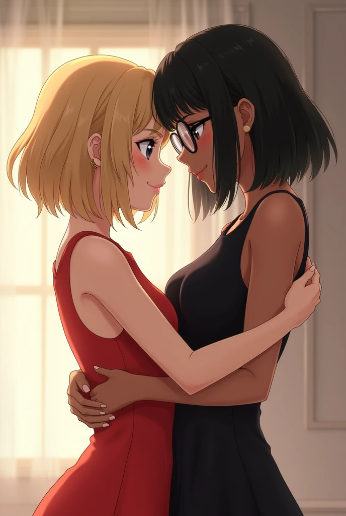 Two girls kissing,Both are young,a girl is blonde with short hair,white,wearing a red dress,the other one has black hair,shoulder length with bangs,wears glasses and has brown skin tone,wearing a black dress,realisitic