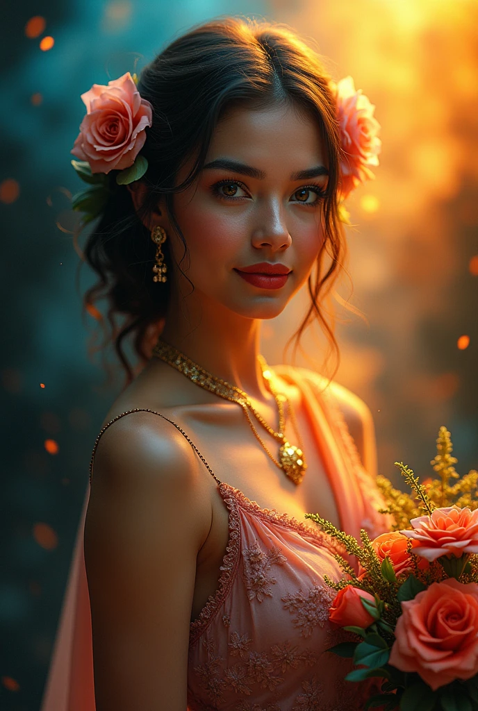 Hyper realistic detailed faces and best eyes a Venezuela very very beautiful woman, smile very attractive as godness, appears, breaks through the ace card wearing a kebaya, and sarong, matching shoes, holding flowers. The background is a gradient of black and golden with rainbow colored Smoke vivid colors art hyper realistic, unbelivable focus scene, super sharp, super portrait face, masterpiece, UHD, 18K