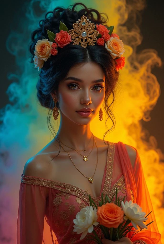 Hyper realistic detailed faces and best eyes a Venezuela very very beautiful woman, smile very attractive as godness, appears, breaks through the ace card wearing a kebaya, and sarong, matching shoes, holding flowers. The background is a gradient of black and golden with rainbow colored Smoke vivid colors art hyper realistic, unbelivable focus scene, super sharp, super portrait face, masterpiece, UHD, 18K