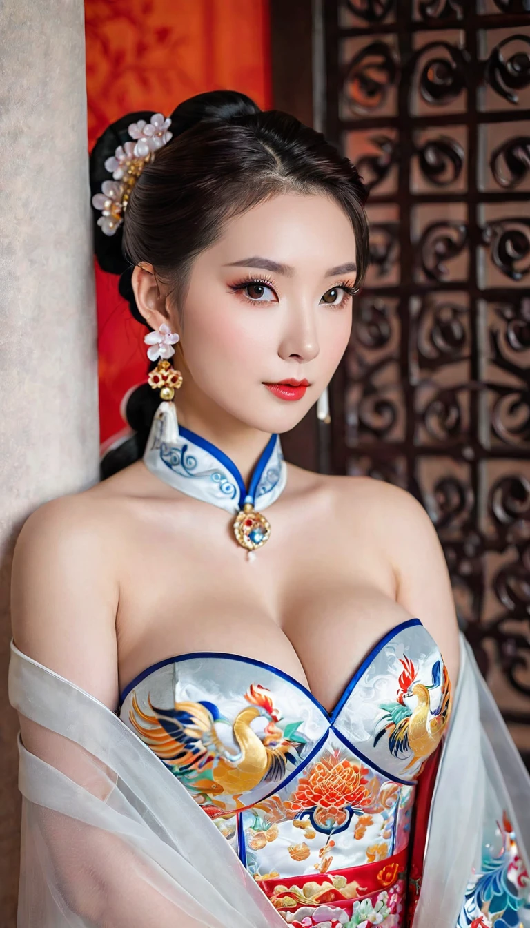 (earrings, breast), from side, male pov, 
(girl), (Bridal Accessories for hanfu Cheongsam Kwa Phoenix), (strapless), (shawl), (Cosplay photo), ((cleavage)), 
chill out, highres, french braid, heterochromia, 
((huge breast)), ((large breasts)), (mole), 
(looking at viewer), ,