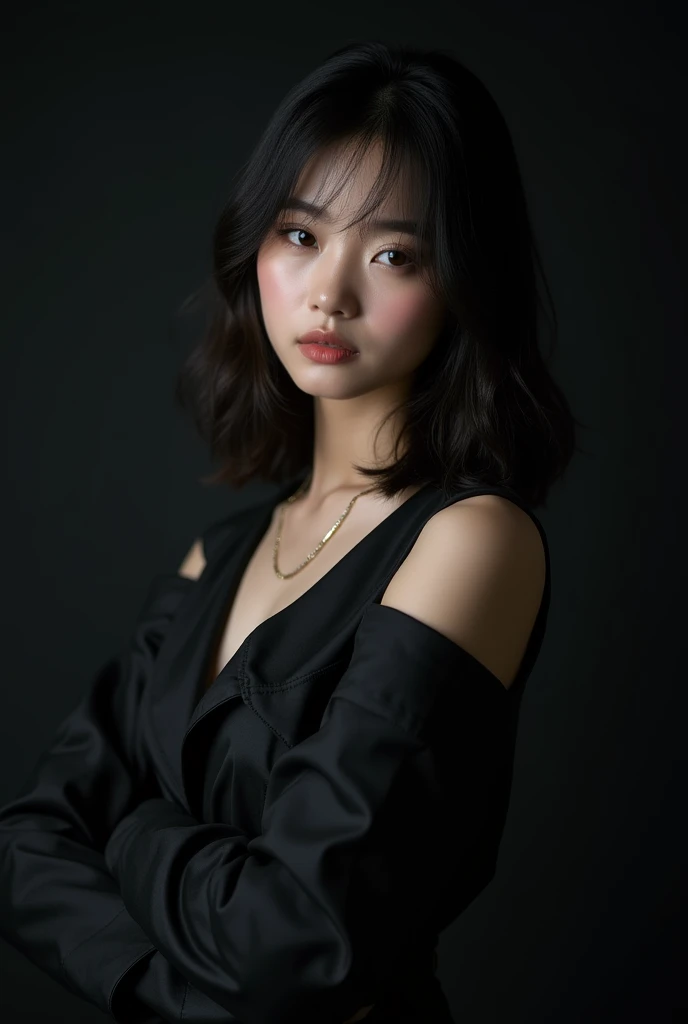 Photoshoot debut girlgrup. Rank 4 trainee. Lead vocalist. Korean. Shoulder hair. Concept black.