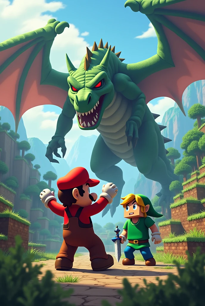 Mario Bros Character Scared Of A Dragon With Link Protecting Him And Minecraft&#39;s Steve With A Diamond Sword
