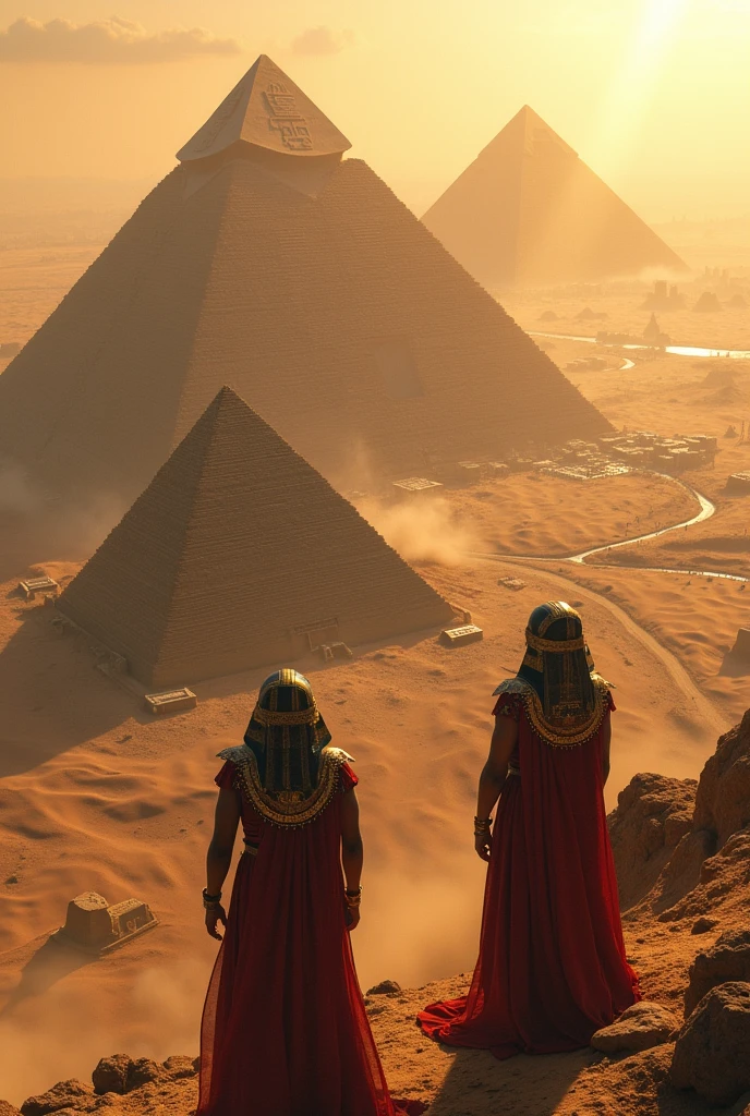 The three pyramids of Egypt seen from the sky by the pharaohs.
