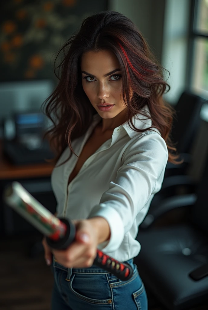 POV realistic photographic portrait of Lindsey Strutt, big breasts, brown hair, beautiful, gorgeous, stunning, ((threatening the camera with a single Japanese Katana with blood on it)), evil , cold, Bitch, windswept hair, red and blue highlights in hair, wearing a white blouse and jeans, in her executive office 