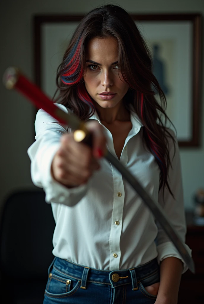 POV realistic photographic portrait of Lindsey Strutt, big breasts, brown hair, beautiful, gorgeous, stunning, ((threatening the camera with a single Japanese Katana with blood on it)), evil , cold, Bitch, windswept hair, red and blue highlights in hair, wearing a white blouse and jeans, in her executive office 